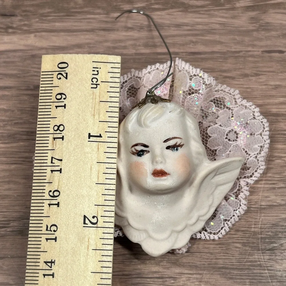 VTG Ceramic Cherub Angel Head Wings &‎ Sunburst Floral Christmas Ornaments Set